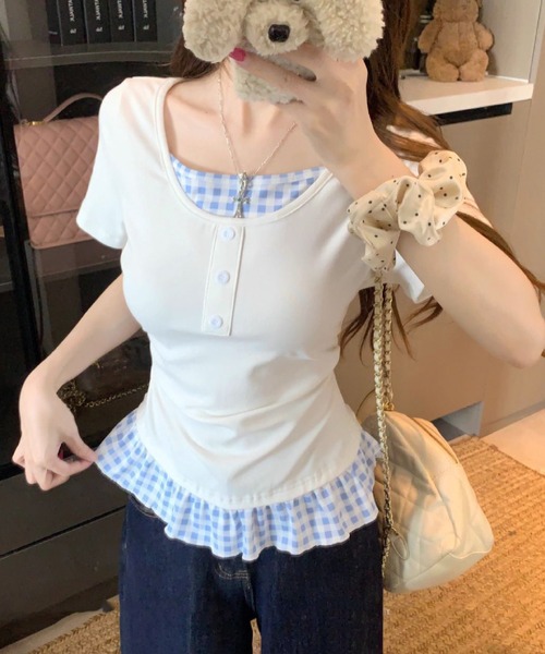 HALEY PESCA（ヘーリーペスカ）の「HALEY PESCA/チェックフリルレイヤードトップス（Tシャツ/カットソー・レディース・ホワイト/グレー/ブラック/イエロー・FREE）」の6枚目の写真