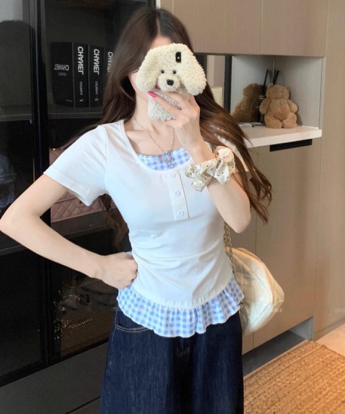HALEY PESCA（ヘーリーペスカ）の「HALEY PESCA/チェックフリルレイヤードトップス（Tシャツ/カットソー・レディース・ホワイト/グレー/ブラック/イエロー・FREE）」の9枚目の写真