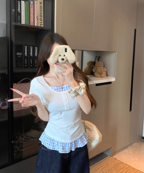 HALEY PESCA（ヘーリーペスカ）の「HALEY PESCA/チェックフリルレイヤードトップス（Tシャツ/カットソー・レディース・ホワイト/グレー/ブラック/イエロー・FREE）」の10枚目の写真