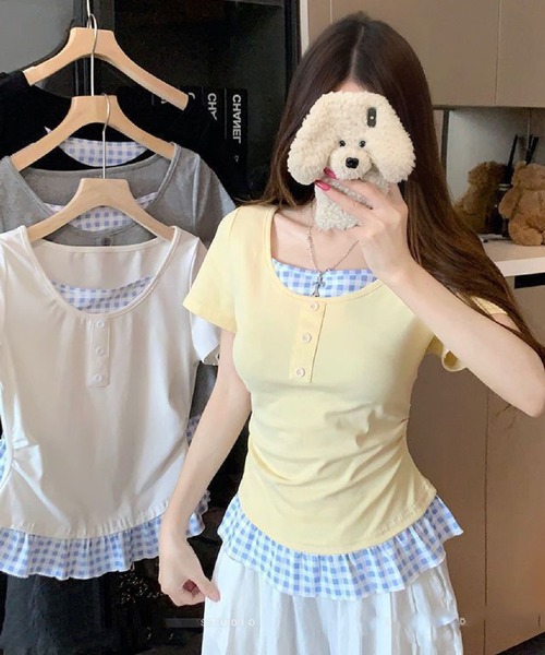 HALEY PESCA（ヘーリーペスカ）の「HALEY PESCA/チェックフリルレイヤードトップス（Tシャツ/カットソー・レディース・ホワイト/グレー/ブラック/イエロー・FREE）」の11枚目の写真