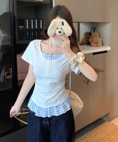 HALEY PESCA（ヘーリーペスカ）の「HALEY PESCA/チェックフリルレイヤードトップス（Tシャツ/カットソー・レディース・ホワイト/グレー/ブラック/イエロー・FREE）」の12枚目の写真