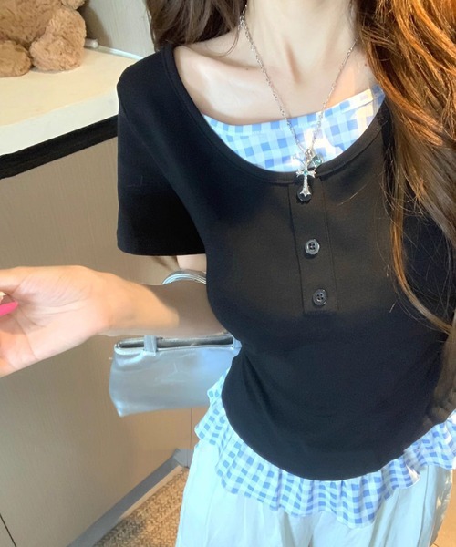 HALEY PESCA（ヘーリーペスカ）の「HALEY PESCA/チェックフリルレイヤードトップス（Tシャツ/カットソー・レディース・ホワイト/グレー/ブラック/イエロー・FREE）」の13枚目の写真