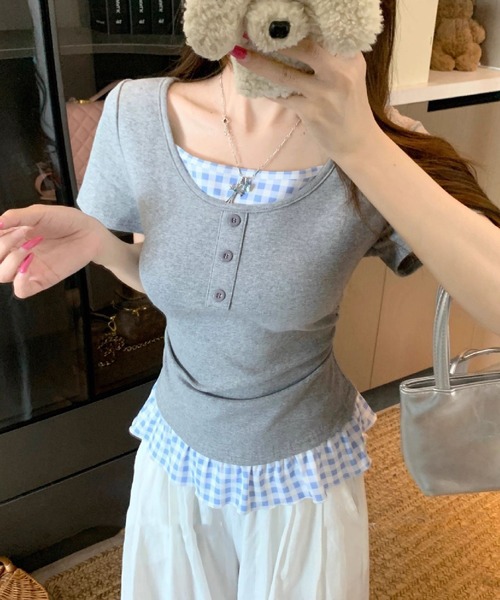 HALEY PESCA（ヘーリーペスカ）の「HALEY PESCA/チェックフリルレイヤードトップス（Tシャツ/カットソー・レディース・ホワイト/グレー/ブラック/イエロー・FREE）」の14枚目の写真