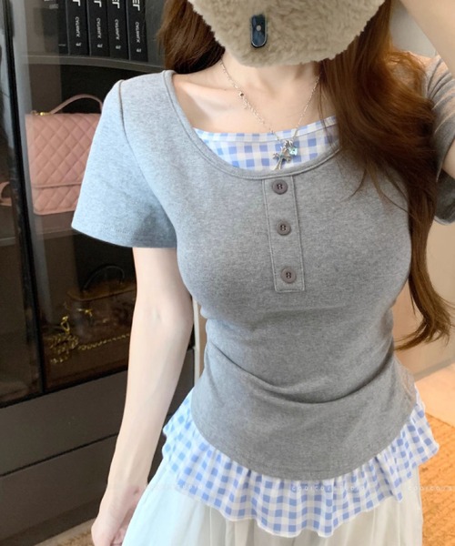 HALEY PESCA（ヘーリーペスカ）の「HALEY PESCA/チェックフリルレイヤードトップス（Tシャツ/カットソー・レディース・ホワイト/グレー/ブラック/イエロー・FREE）」の15枚目の写真