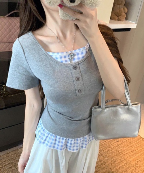 HALEY PESCA（ヘーリーペスカ）の「HALEY PESCA/チェックフリルレイヤードトップス（Tシャツ/カットソー・レディース・ホワイト/グレー/ブラック/イエロー・FREE）」の16枚目の写真