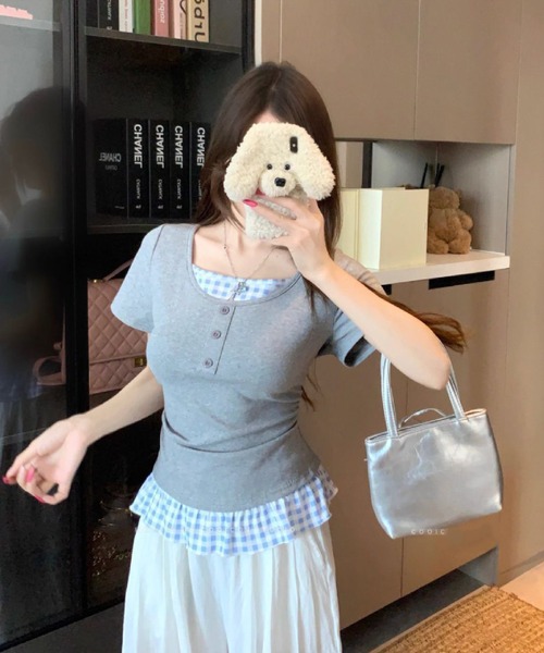HALEY PESCA（ヘーリーペスカ）の「HALEY PESCA/チェックフリルレイヤードトップス（Tシャツ/カットソー・レディース・ホワイト/グレー/ブラック/イエロー・FREE）」の17枚目の写真