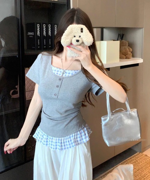 HALEY PESCA（ヘーリーペスカ）の「HALEY PESCA/チェックフリルレイヤードトップス（Tシャツ/カットソー・レディース・ホワイト/グレー/ブラック/イエロー・FREE）」の18枚目の写真
