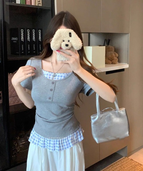 HALEY PESCA（ヘーリーペスカ）の「HALEY PESCA/チェックフリルレイヤードトップス（Tシャツ/カットソー・レディース・ホワイト/グレー/ブラック/イエロー・FREE）」の19枚目の写真