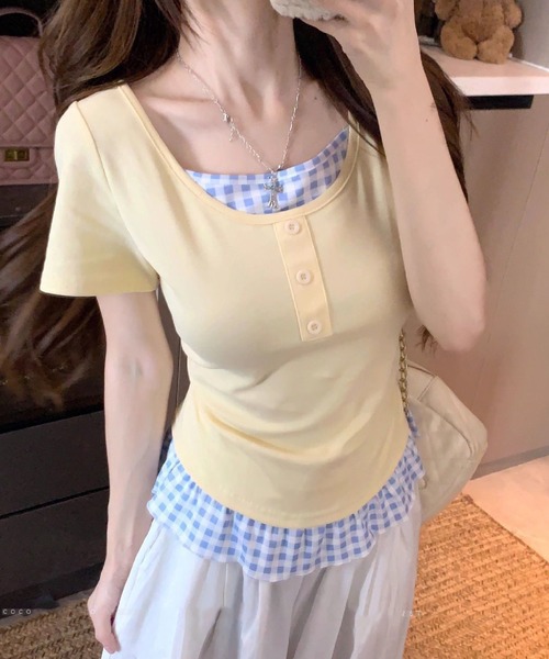 HALEY PESCA（ヘーリーペスカ）の「HALEY PESCA/チェックフリルレイヤードトップス（Tシャツ/カットソー・レディース・ホワイト/グレー/ブラック/イエロー・FREE）」の21枚目の写真
