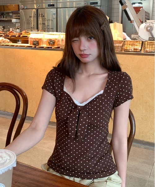 gossip！ロサンゼルス（ゴシップロサンゼルス）の「【Y2Kガーリー】 ドット柄レース切り替えフロントリボントップス（Tシャツ/カットソー・レディース・ドット・M）」の19枚目の写真