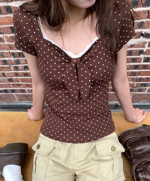 gossip！ロサンゼルス（ゴシップロサンゼルス）の「【Y2Kガーリー】 ドット柄レース切り替えフロントリボントップス（Tシャツ/カットソー・レディース・ドット・M）」の18枚目の写真