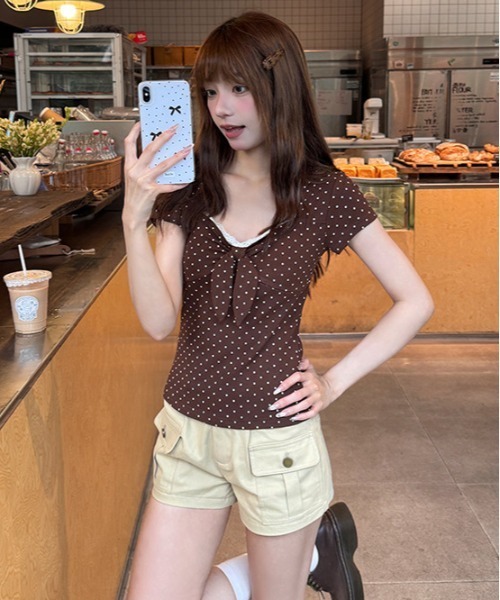 gossip！ロサンゼルス（ゴシップロサンゼルス）の「【Y2Kガーリー】 ドット柄レース切り替えフロントリボントップス（Tシャツ/カットソー・レディース・ドット・M）」の16枚目の写真