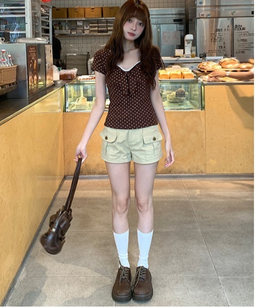 gossip！ロサンゼルス（ゴシップロサンゼルス）の「【Y2Kガーリー】 ドット柄レース切り替えフロントリボントップス（Tシャツ/カットソー・レディース・ドット・M）」の15枚目の写真
