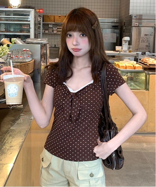 gossip！ロサンゼルス（ゴシップロサンゼルス）の「【Y2Kガーリー】 ドット柄レース切り替えフロントリボントップス（Tシャツ/カットソー・レディース・ドット・M）」の14枚目の写真