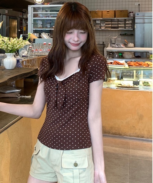 gossip！ロサンゼルス（ゴシップロサンゼルス）の「【Y2Kガーリー】 ドット柄レース切り替えフロントリボントップス（Tシャツ/カットソー・レディース・ドット・M）」の11枚目の写真
