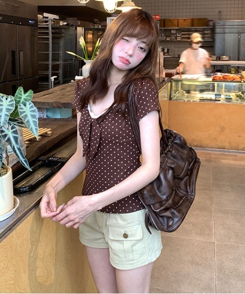 gossip！ロサンゼルス（ゴシップロサンゼルス）の「【Y2Kガーリー】 ドット柄レース切り替えフロントリボントップス（Tシャツ/カットソー・レディース・ドット・M）」の10枚目の写真