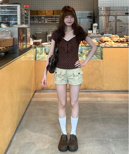 gossip！ロサンゼルス（ゴシップロサンゼルス）の「【Y2Kガーリー】 ドット柄レース切り替えフロントリボントップス（Tシャツ/カットソー・レディース・ドット・M）」の9枚目の写真