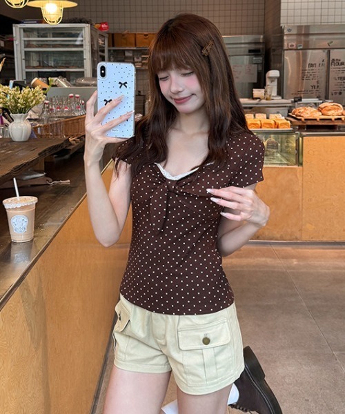 gossip！ロサンゼルス（ゴシップロサンゼルス）の「【Y2Kガーリー】 ドット柄レース切り替えフロントリボントップス（Tシャツ/カットソー・レディース・ドット・M）」の7枚目の写真