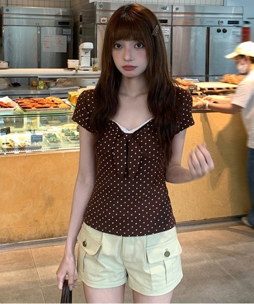 gossip！ロサンゼルス（ゴシップロサンゼルス）の「【Y2Kガーリー】 ドット柄レース切り替えフロントリボントップス（Tシャツ/カットソー・レディース・ドット・M）」の6枚目の写真