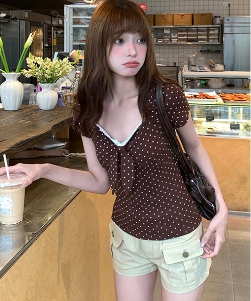 gossip！ロサンゼルス（ゴシップロサンゼルス）の「【Y2Kガーリー】 ドット柄レース切り替えフロントリボントップス（Tシャツ/カットソー・レディース・ドット・M）」の5枚目の写真