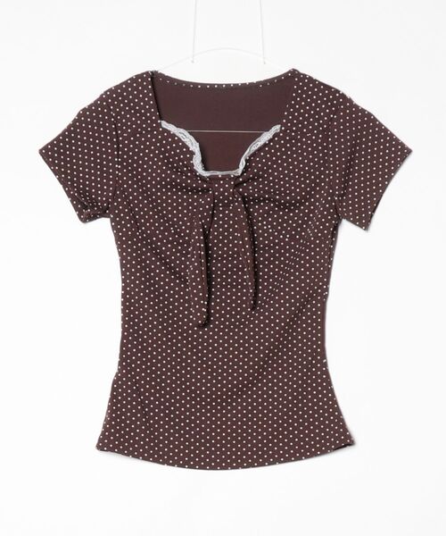 gossip！ロサンゼルス（ゴシップロサンゼルス）の「【Y2Kガーリー】 ドット柄レース切り替えフロントリボントップス（Tシャツ/カットソー・レディース・ドット・M）」の3枚目の写真