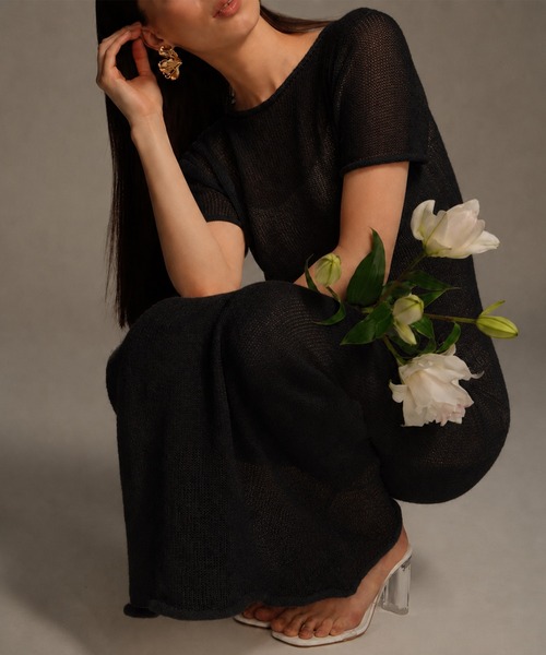 by LEGNA（バイレグナ）の「【2点セット】透かし編み半袖ロングワンピース（ワンピース・レディース・ブラック/アイボリー/グレー・FREE）」の2枚目の写真