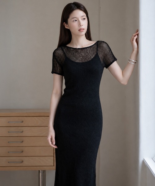 by LEGNA（バイレグナ）の「【2点セット】透かし編み半袖ロングワンピース（ワンピース・レディース・ブラック/アイボリー/グレー・FREE）」の9枚目の写真