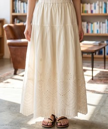 レーススカート ロング丈 シアー素材 透け感 ボリューム フレア Aライン ウエストゴム 総レース 裏地付き 上品 大人カジュアル ボトムス 秋