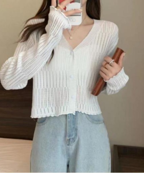 Songe(ソンジュ)の「透かし編みランダムリブサマーニットカーディガン(カーディガン/ボレロ・レディース・ベージュ/ブラック/ホワイト/ブルー/ブラウン・FREE)」の8枚目の写真
