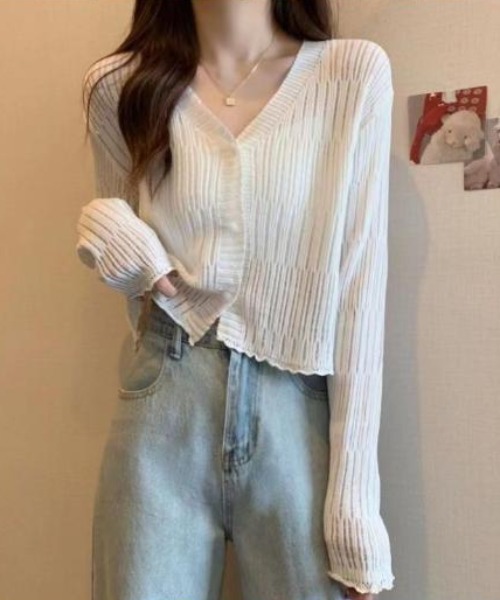Songe(ソンジュ)の「透かし編みランダムリブサマーニットカーディガン(カーディガン/ボレロ・レディース・ベージュ/ブラック/ホワイト/ブルー/ブラウン・FREE)」の9枚目の写真