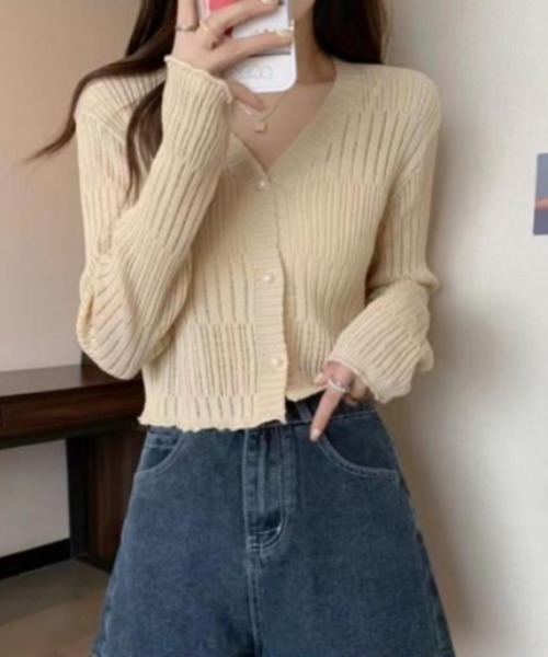 Songe(ソンジュ)の「透かし編みランダムリブサマーニットカーディガン(カーディガン/ボレロ・レディース・ベージュ/ブラック/ホワイト/ブルー/ブラウン・FREE)」の19枚目の写真