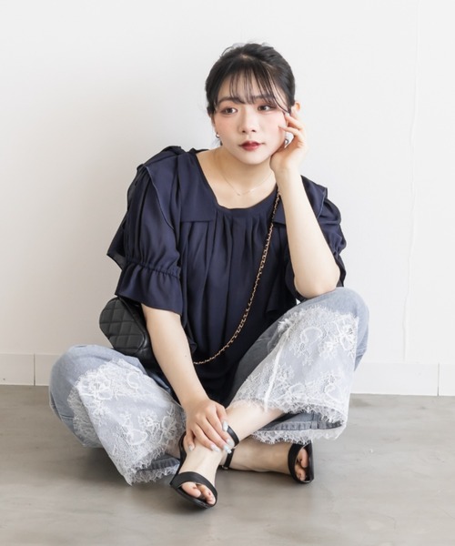 CLETTE(クレット)の「肩リボンフリルブラウス(シャツ/ブラウス・レディース・サックスブルー/ネイビー/ブラウン・3L/LL/4L)」の20枚目の写真