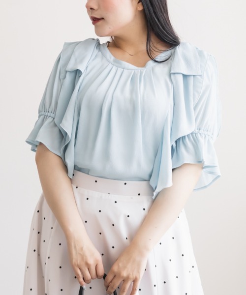 CLETTE(クレット)の「肩リボンフリルブラウス(シャツ/ブラウス・レディース・サックスブルー/ネイビー/ブラウン・3L/LL/4L)」の14枚目の写真