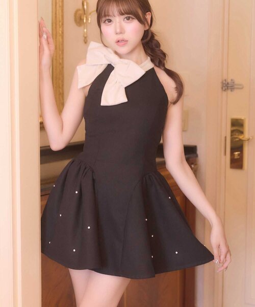 Belle Charme（ベルシャルム）の「【Belle Charme】Velour Ribbon Jewel Onepiece（ワンピース・レディース・グレー/ボルドー/ブラック・FREE）」の2枚目の写真