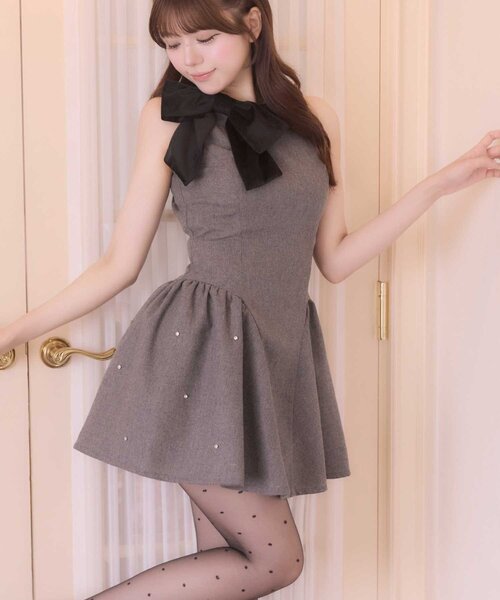 Belle Charme（ベルシャルム）の「【Belle Charme】Velour Ribbon Jewel Onepiece（ワンピース・レディース・グレー/ボルドー/ブラック・FREE）」の4枚目の写真