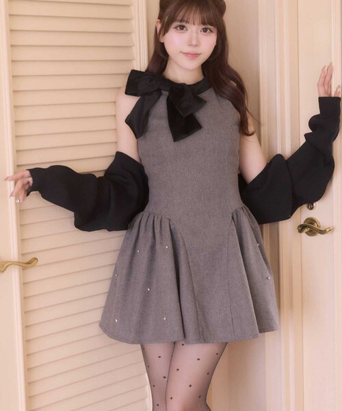 Belle Charme（ベルシャルム）の「【Belle Charme】Velour Ribbon Jewel Onepiece（ワンピース・レディース・グレー/ボルドー/ブラック・FREE）」の5枚目の写真
