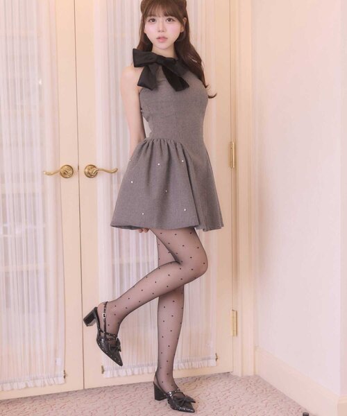 Belle Charme（ベルシャルム）の「【Belle Charme】Velour Ribbon Jewel Onepiece（ワンピース・レディース・グレー/ボルドー/ブラック・FREE）」の6枚目の写真