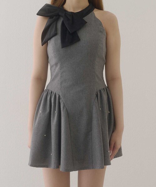 Belle Charme（ベルシャルム）の「【Belle Charme】Velour Ribbon Jewel Onepiece（ワンピース・レディース・グレー/ボルドー/ブラック・FREE）」の7枚目の写真