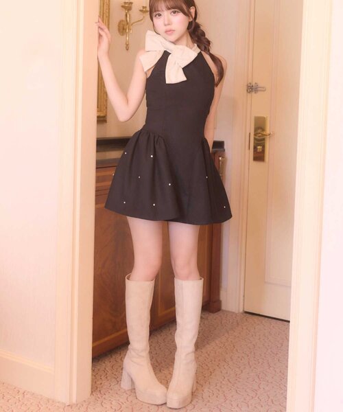 Belle Charme（ベルシャルム）の「【Belle Charme】Velour Ribbon Jewel Onepiece（ワンピース・レディース・グレー/ボルドー/ブラック・FREE）」の18枚目の写真