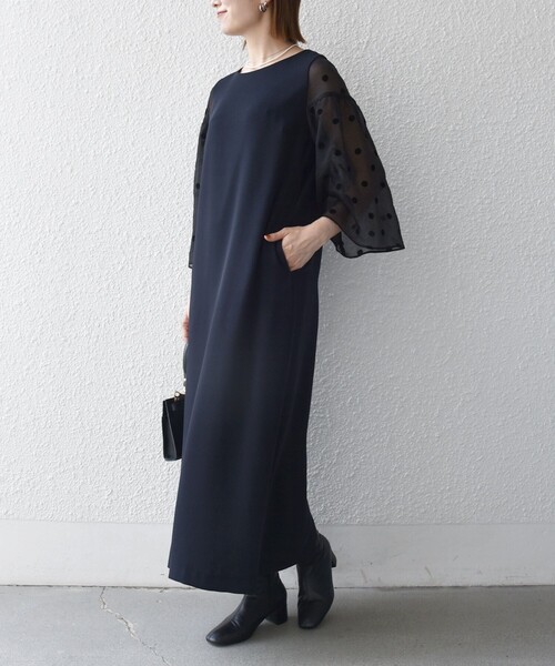 SHIPS any（シップス エニィ）の「〈手洗い可能〉シアー ドット コンビ ワンピース ［NAVY BLUE］（ワンピース・レディース・ネイビー/ベージュ・38/36）」の18枚目の写真