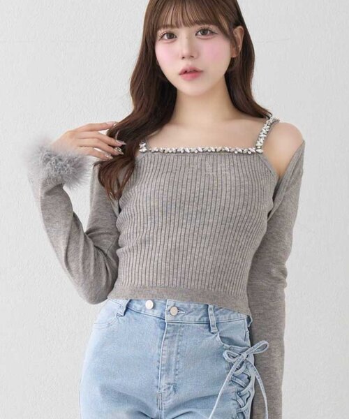 Belle Charme（ベルシャルム）の「【Belle Charme】Bijou Strap Knit Cami（キャミソール・レディース・トップグレー/オフホワイト/ブラック・FREE）」の3枚目の写真