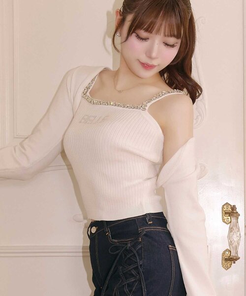 Belle Charme（ベルシャルム）の「【Belle Charme】Bijou Strap Knit Cami（キャミソール・レディース・トップグレー/オフホワイト/ブラック・FREE）」の4枚目の写真