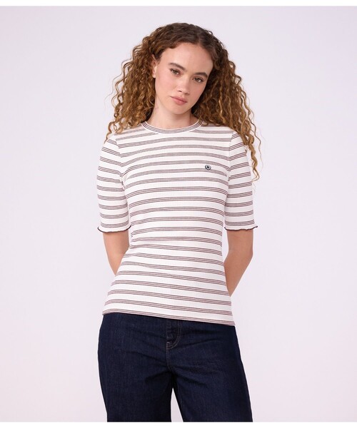 PETIT BATEAU(プチバトー)の「リブ編み半袖Tシャツ(Tシャツ/カットソー・レディース・ホワイト×レッド・XX-SMALL/X-SMALL/SMALL/MEDIUM/LARGE)」の3枚目の写真