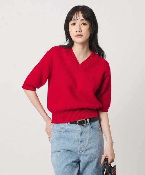 UNITED ARROWS(ユナイテッドアローズ)の「CA/W ハーフスリーブ Vネック ニット(ニット/セーター・レディース・レッド/グレー系/ネイビー・FREE)」の1枚目の写真