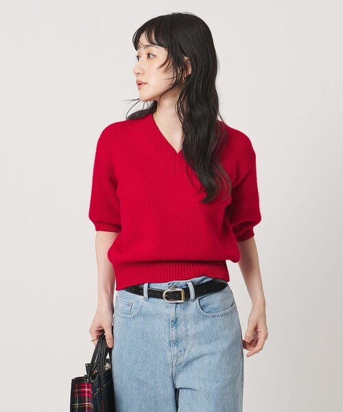 UNITED ARROWS(ユナイテッドアローズ)の「CA/W ハーフスリーブ Vネック ニット(ニット/セーター・レディース・レッド/グレー系/ネイビー・FREE)」の6枚目の写真