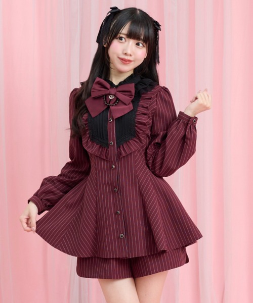 Secret Honey（シークレットハニー）の「ピンタックヨークスタンドカラーセットアップ（セットアップ・レディース・ブラック/ワインレッド・MEDIUM）」の2枚目の写真