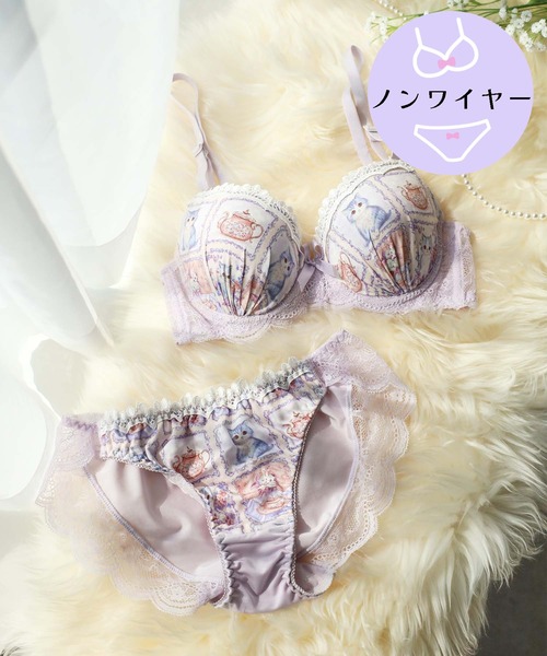 【ノンワイヤー/ラクして整う！ストレスフリーで上品なフィット感♪】上下セット/M-LL/ガーリーキャット