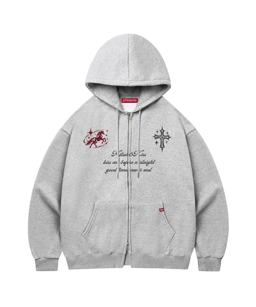 KITSCH&KISS(キッチアンドキス)の「CROSS HORSE オーバーサイズジップアップパーカー (SOJKNK-115)(パーカー・レディース・ブラック/グレー・FREE)」の2枚目の写真