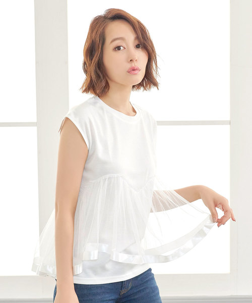 KOBE LETTUCE（コウベレタス）の「チュールレイヤードフレンチスリーブカットソー＊レディース/トップス/Tシャツ[C3381]神戸レタス（Tシャツ/カットソー・レディース・オフホワイト/ブラック・FREE）」の2枚目の写真