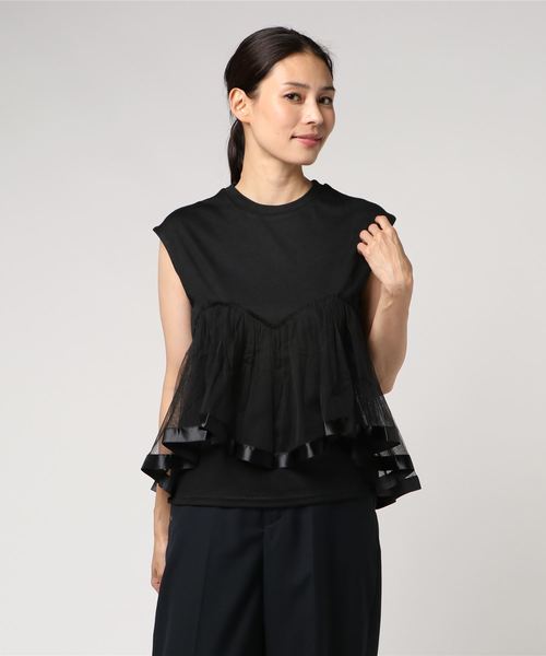 KOBE LETTUCE（コウベレタス）の「チュールレイヤードフレンチスリーブカットソー＊レディース/トップス/Tシャツ[C3381]神戸レタス（Tシャツ/カットソー・レディース・オフホワイト/ブラック・FREE）」の5枚目の写真